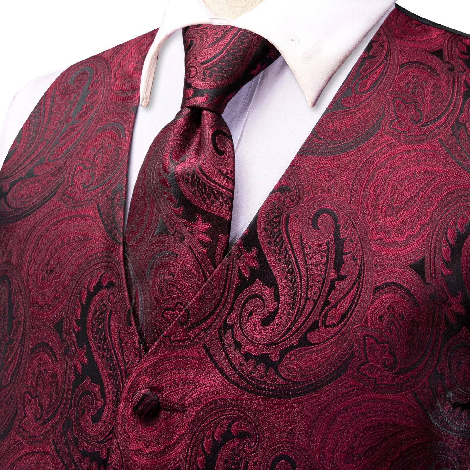 Wine Red Paisley Men gilet di seta Jacquard senza maniche gilet giacca cravatte clip Hanky gemelli festa di nozze Hi-Tie