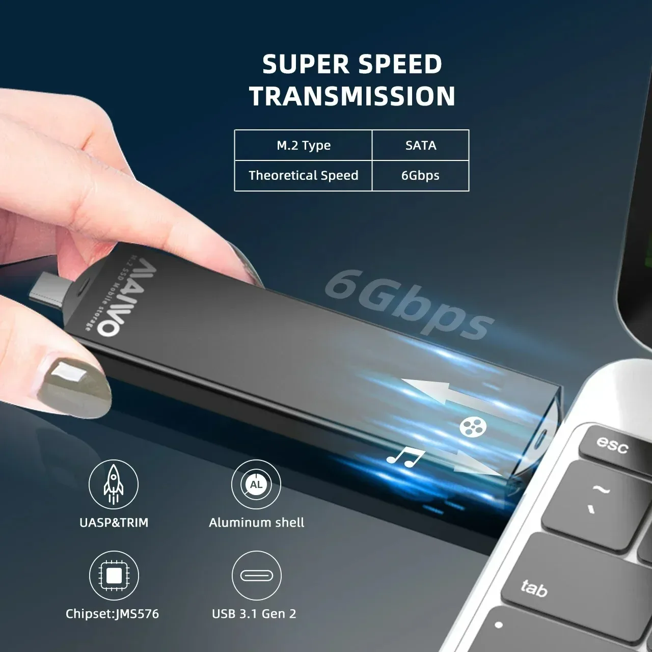 MAIWO M.2 SATA SSD Enclosure NGFF SSD Case 2-in-1 Type-C USB3.0 5Gbps SSD Adapter Support 2230/2242/2260/2280 Aluminum Enclosure