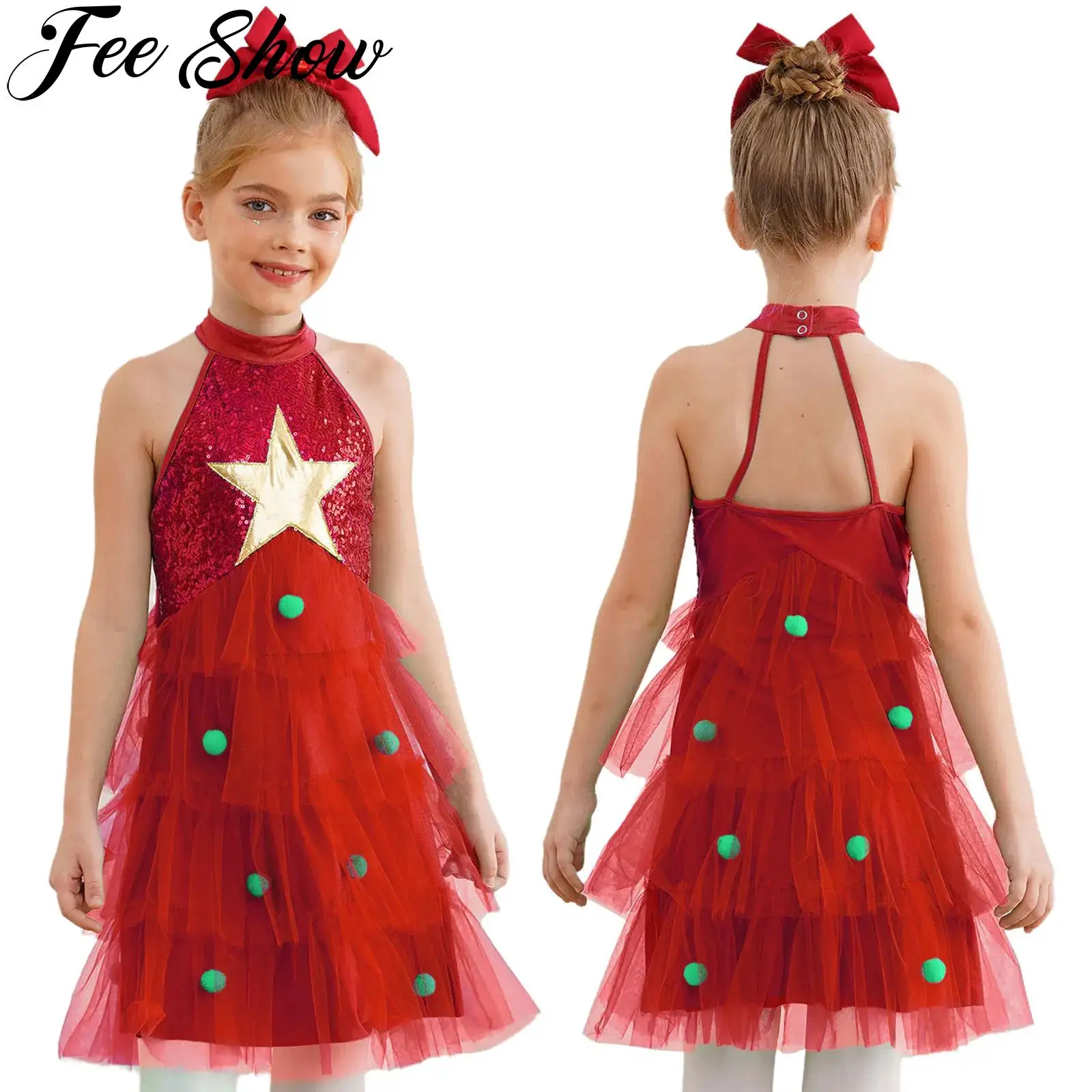 Kids Girls Sequin Christmas Dance Costume Sleeveless Pompoms Tiered Mesh Tutu Dress New Year Festival Xmas Party Stage Dancewear