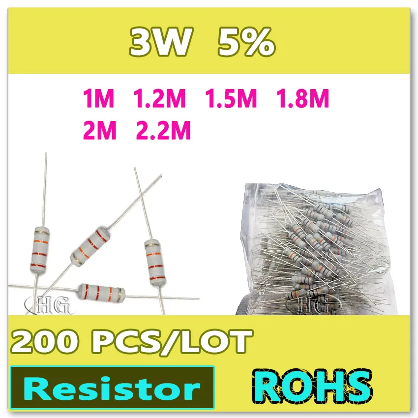 JASNPROSMA 200 ชิ้น/ล็อต 5% 3W 1M 1.2M 1.5M 1.8M 2M 2.2M ฟิล์มคาร์บอน DIP OHM ตัวต้านทาน
