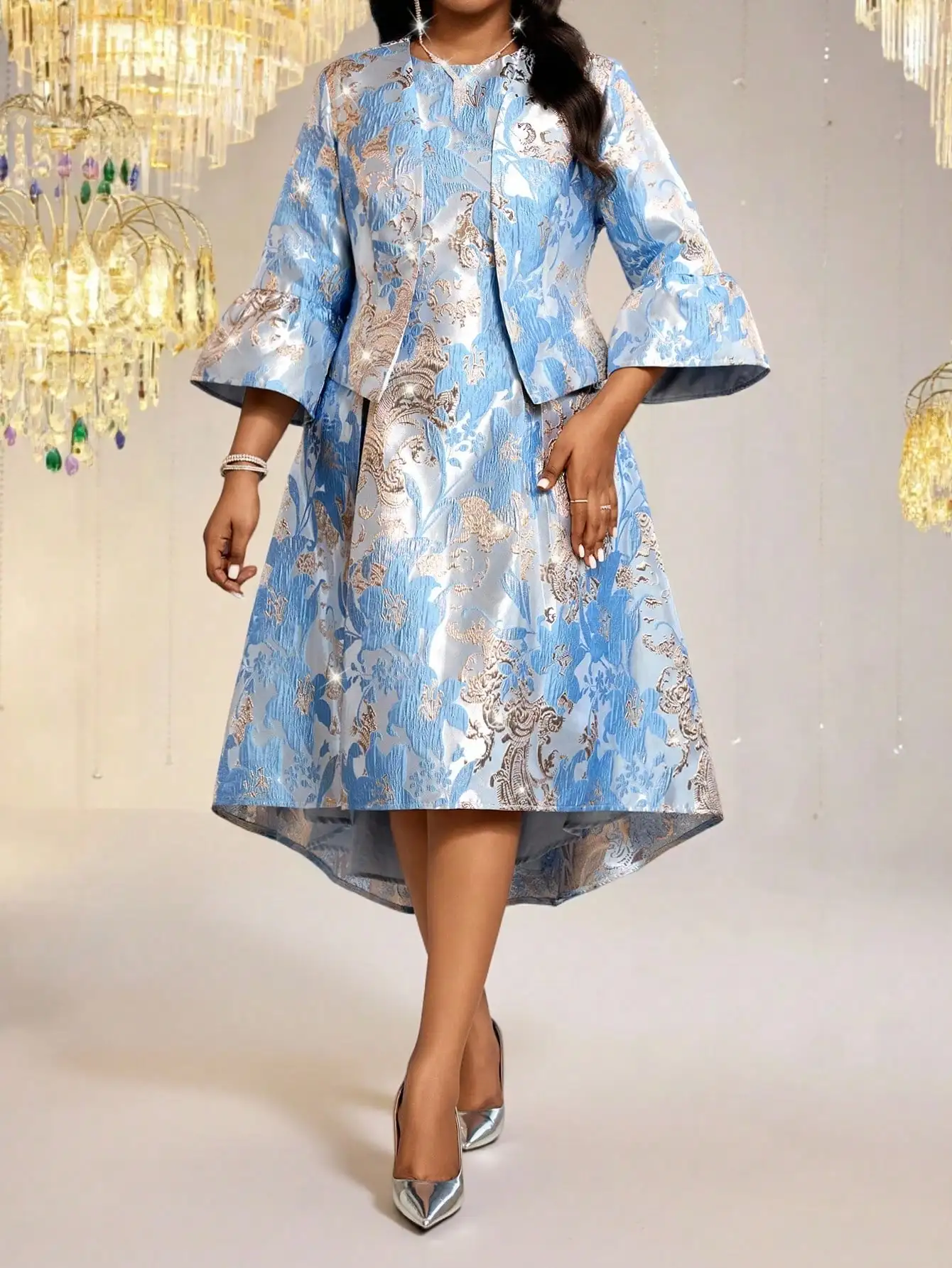 

Elegant Floral Jacquard 2-Piece Set High-Low Midi Dress With Flare Sleeve Formal Party Outfit