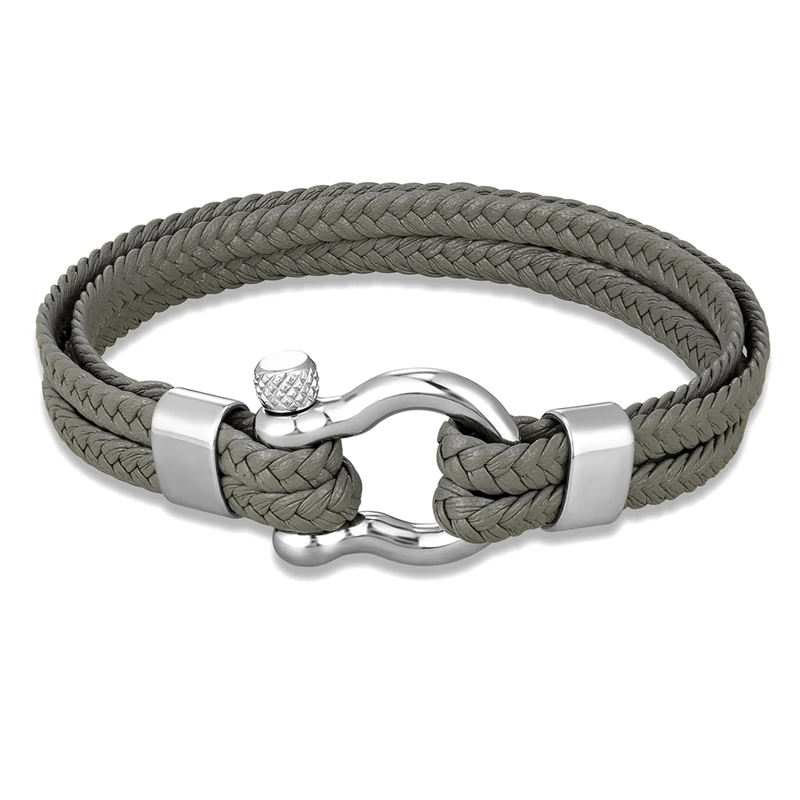 MKENDN Bow Shape Shackle Bracelet Double-layer Woven Leather Bracelet For Men Women Stainless Steel Horseshoe Clasp with Screw