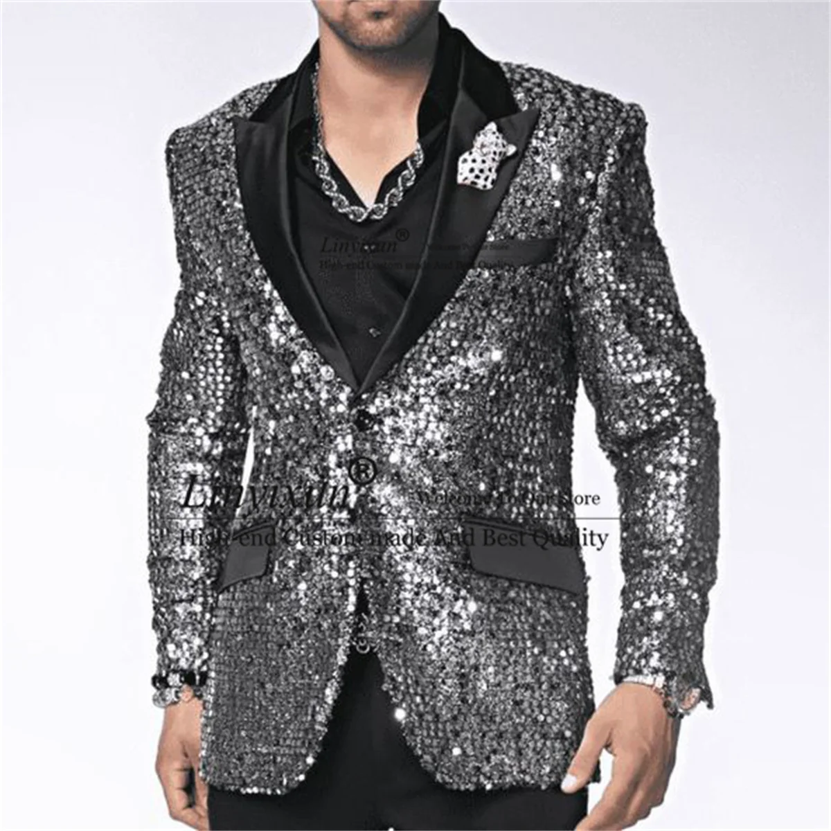 Shiny Sequin Sliver Wedding Groom Tuxedo Peaked Lapel Men Suits 2 Pieces Sets Dinner Party Male Prom Blazers Slim Coustome Homme