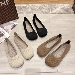 Women Shoes Large Size Spring Summer 2024 New Knitted Large Toe Flat Shoes Simple Solid Breathable Soft Sole Outdoor Zapatos