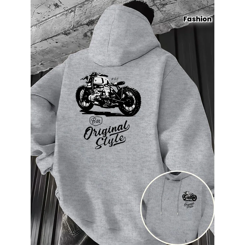 Unisex Original Style Vintage Motorcycle Front Back Print Hoodie, Biker Street Pullover, Loose Fleece Sweatshirt Autumn Winter