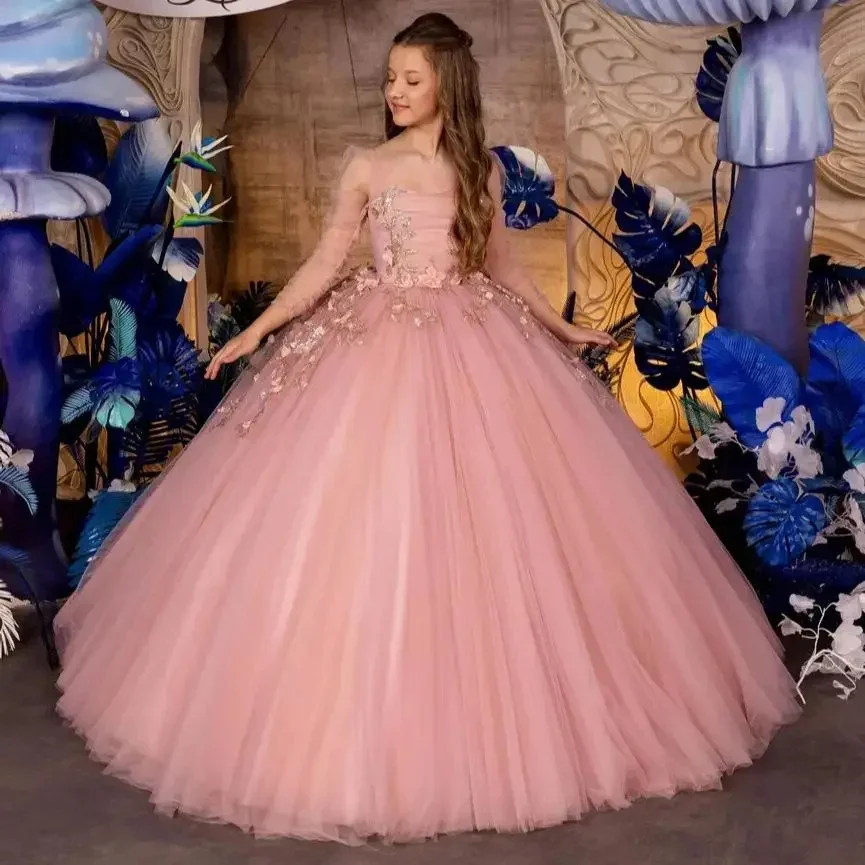 فساتين فتاة الزهور الوردية الفاخرة لحفلات الزفاف مزينة بالزهور ثلاثية الأبعاد للأطفال Quinceanera أول مناولة فستان وصيفة العروس