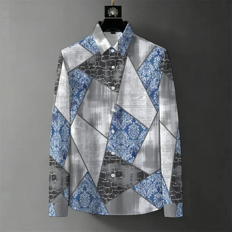 Spring/Autumn New Men's Business 3D Printed Long-Sleeve Shirt, Retro Baroque Color Block Wrinkle-Free Casual Shirt