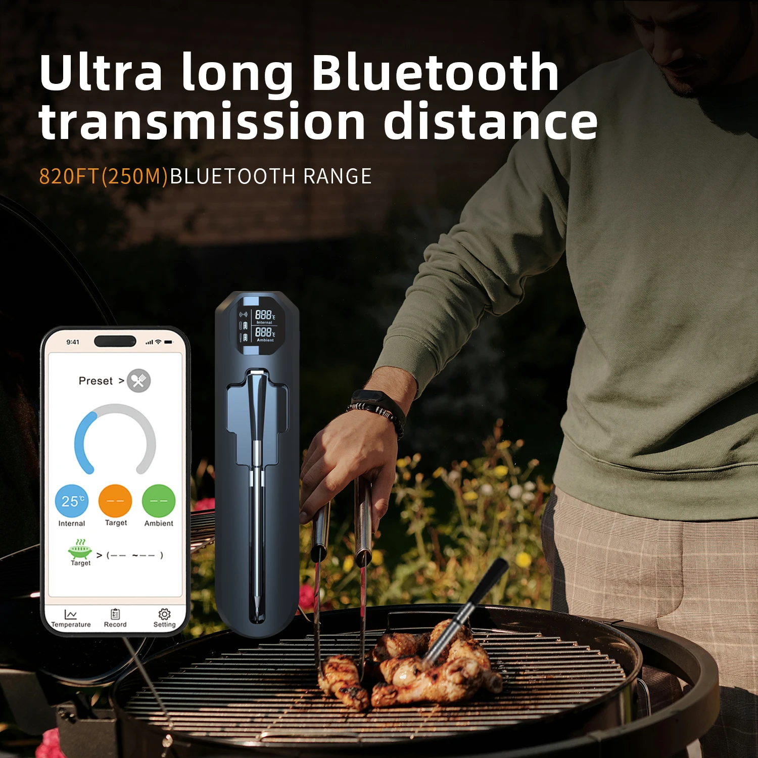 820FT Smart Wireless Meat Thermometer with Ultra-Thin Probes Digital Food Thermometer for Remote Monitoring of BBQ Grill Oven