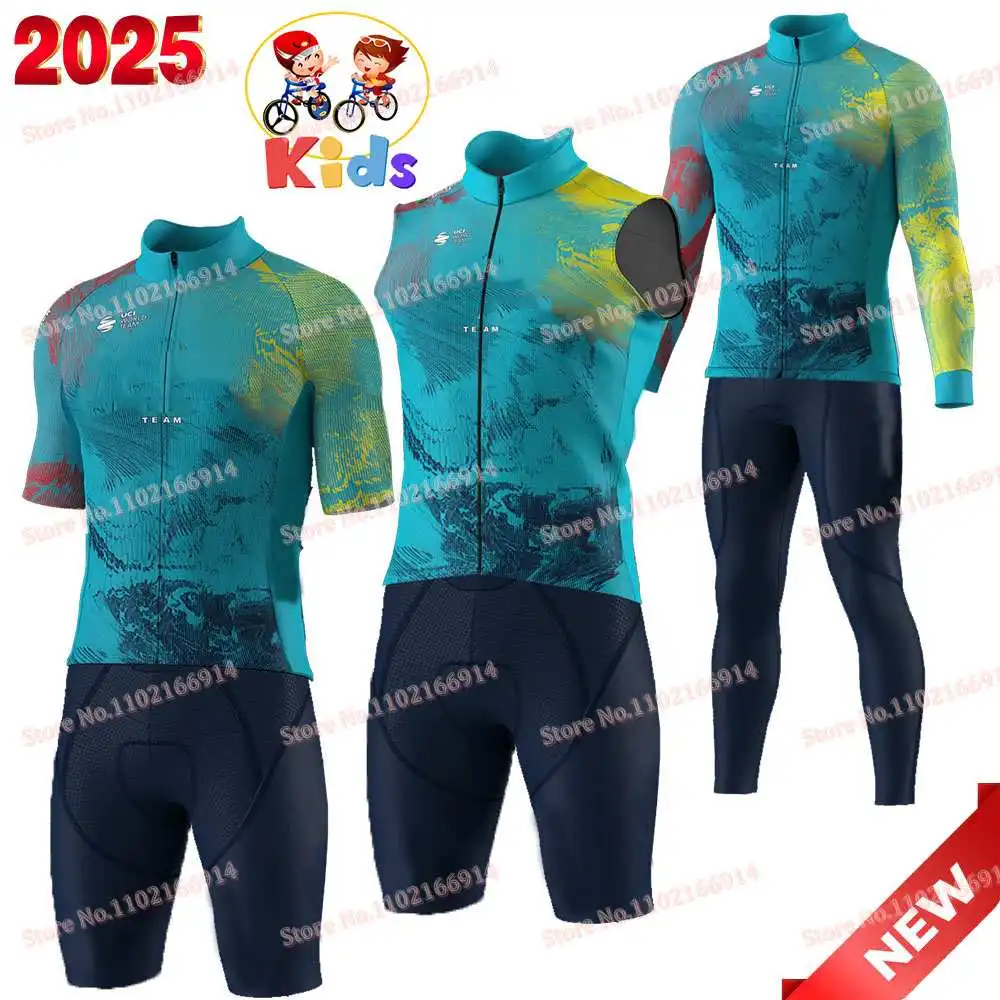 Детский комплект велосипедного трикотажа Qazaqstan Team 2025 с короткими рукавами Mark Cavendish, одежда для велоспорта, рубашки для шоссейного велосипеда для мальчиков, короткие велосипедные рубашки