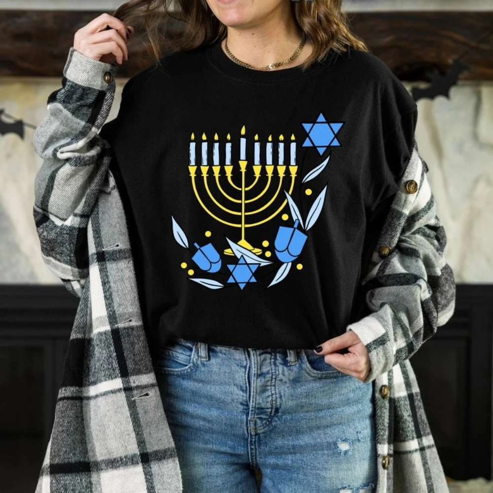 Hanukkah Menorah Printed T-shirt Hanukkah Holiday Jewish Religious Ritual Shirt Woman Man Cotton O-neck Short-sleev Tops Tee