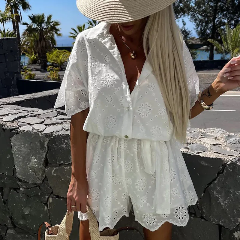 New Summer White Casual Lapel Shorts Playsuits Sexy Lace Embroidered Hollow Shirt Jumpsuit Ladies Fashion Lace Up Holiday Romper