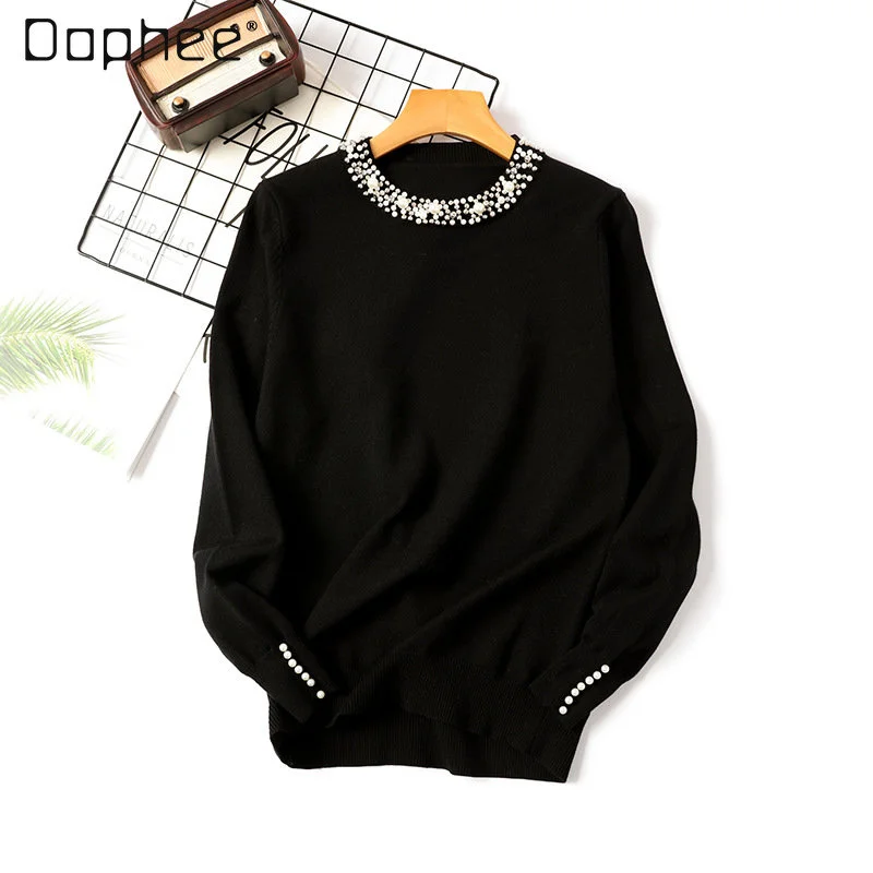 New Autumn and Winter Beaded Pullover Sweater Women's Round Neck Long Sleeve Loose Slimming Elegant Bottoming Shirt