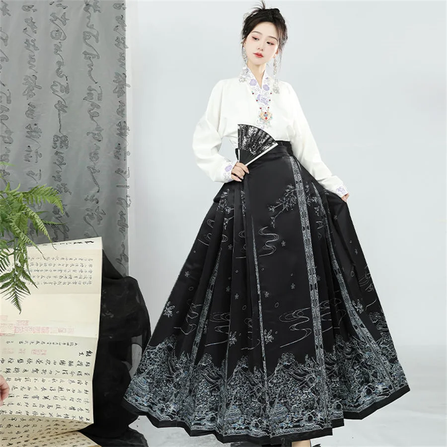 Rok rompi Hanfu gaya Modern wanita, setelan Mamianqun pakaian Vintage Cina rok wajah kuda pakaian sehari-hari