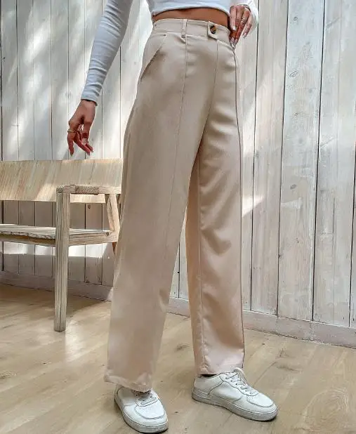 Jesienne spodnie damskie w jednolitym kolorze z wysokim stanem, wyszczuplające, proste nogawki, eleganckie spodnie do kostki w jednolitym kolorze, proste nogawki.