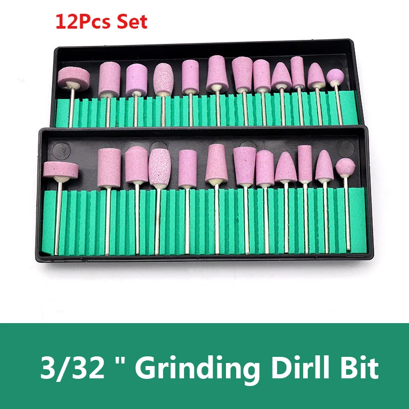 

12Pcs Set 3/32" Pink Nail Drill Bit Corundum Rotary Ceramic Stone Burr Cutter Manicure Quartz Stone Grinding Head 2.35mm Shank