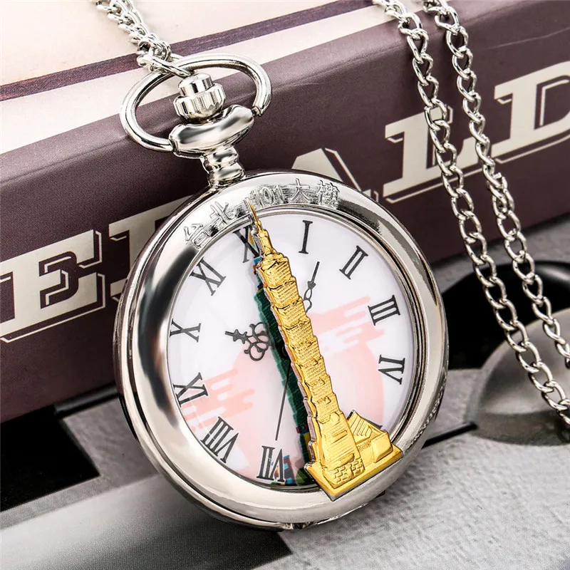 Antique Hollow Out Pocket Watch with Taibei 101 Building Design Analog Quartz Movement Roman Number Necklace Fob Chain