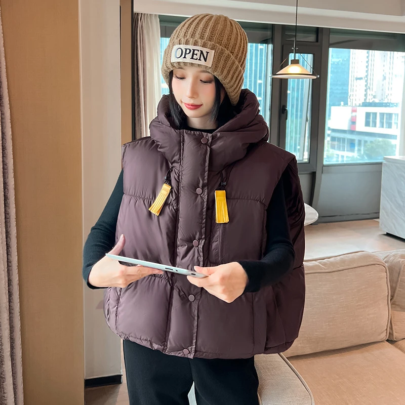 

2025 модная новая пуховая куртка с хлопковой подкладкой, жилеты, весенне-осенние куртки, короткие парки без рукавов, пальто, корейская повседневная верхняя одежда с капюшоном