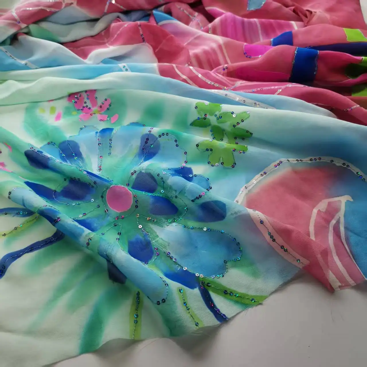 Tissu en Soie à Paillettes 100% Soie, Matériau Brodé Floral en Mousseline pour Sari, Robe, Toub, Hijab, Écharpe, Couture DIY