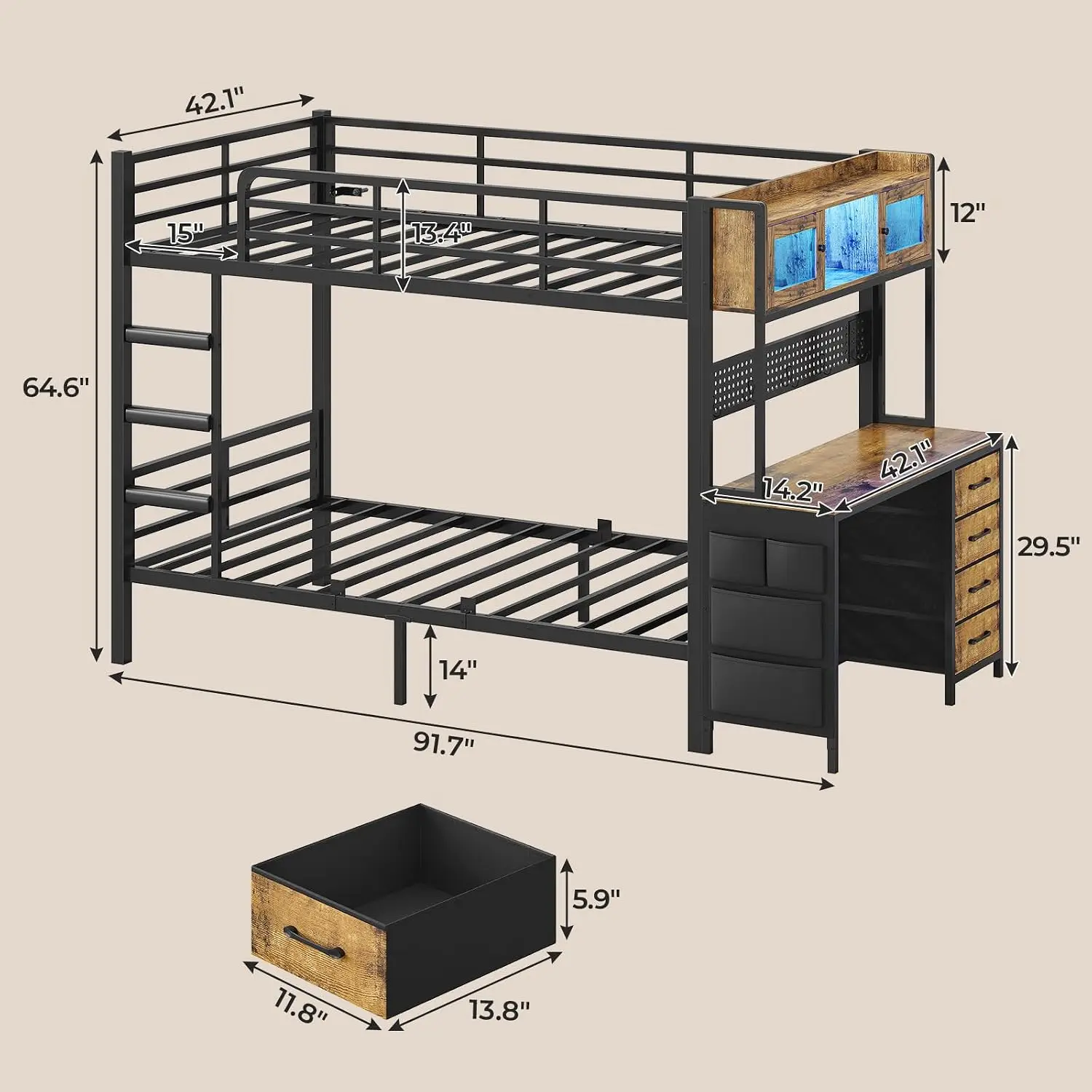 Bunk Bed Twin Over Twin with Gaming Desk,Rustic Brown | Bunk Beds with LED Light & Charging Station & Storage, Customized image 2