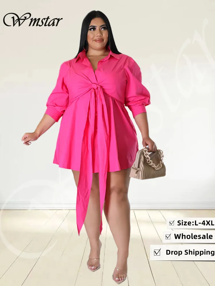 

Wmstar Plus Size Dresses Women Fall Clothes Solid Casual Elegant Bandage Mini Shirts Dress Office Lady Wholesale Dropshipping