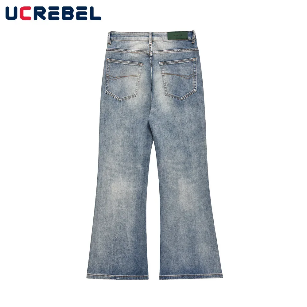 Washed Distressed Denim Flared Pants Mens Pocket Streetwear Loose Wide Leg Jeans Men Trousers