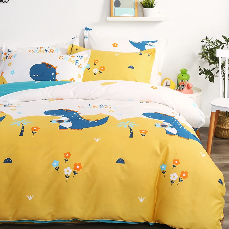 Cute Dinosaur Cotton Duvet Cover Set for Kids Bedding Cartoon Animals Print Decorative Dino Comforter Covers with 2 Pillow Shams