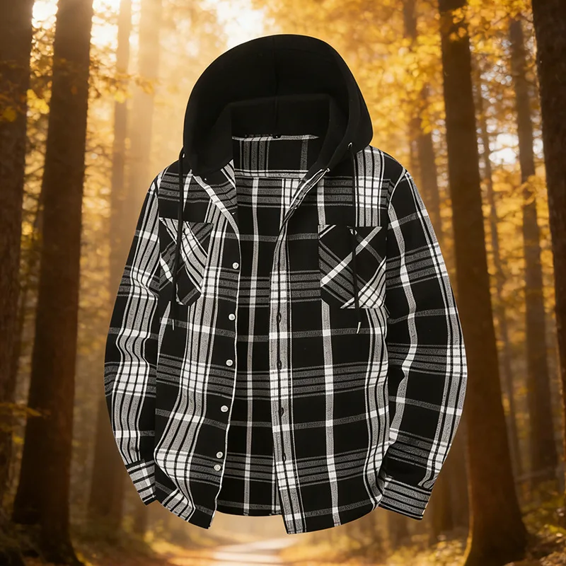 

Mens Plus Size Plaid Flannel Long Sleeve Hooded Shirt Jacket With Dual Pockets