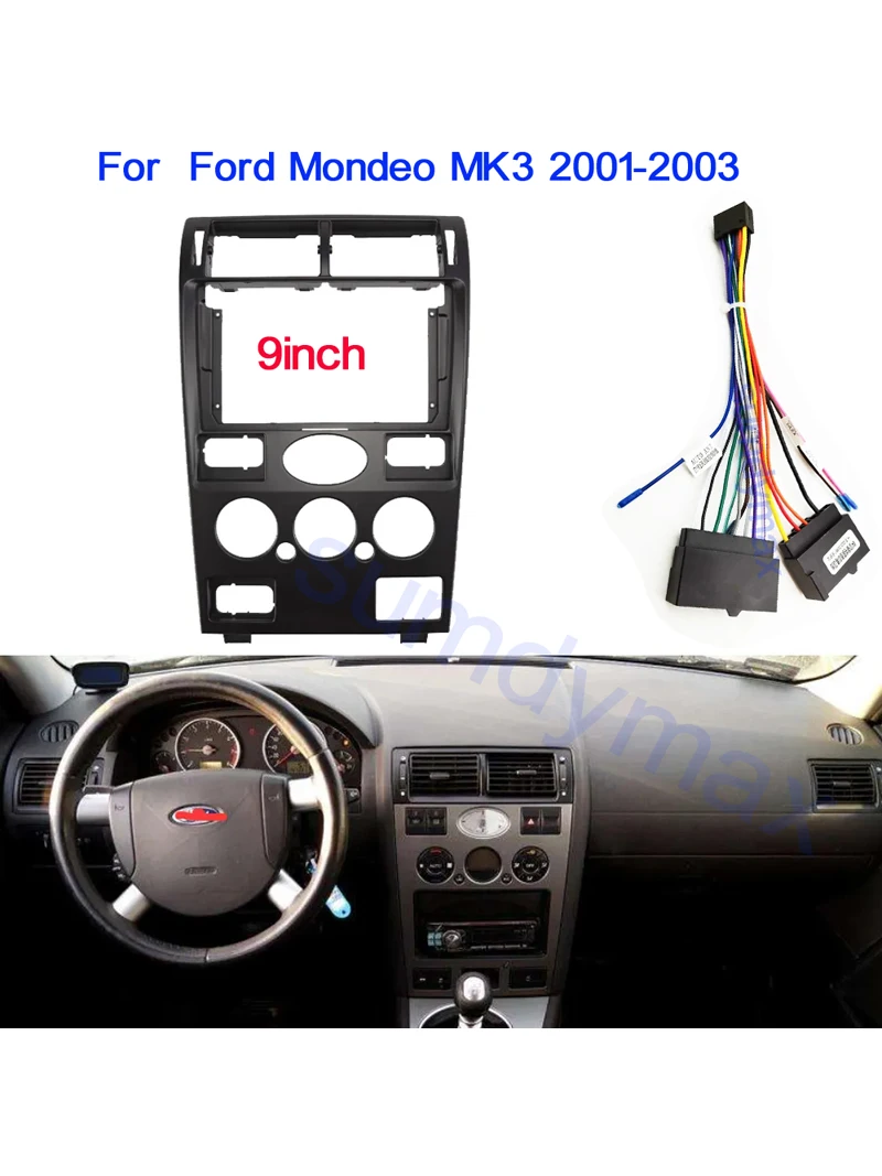 Quadro de painel de plástico Fascia para Ford Mondeo MK3 2001-2003, rádio do carro, GPS, MP5 Din, 9"