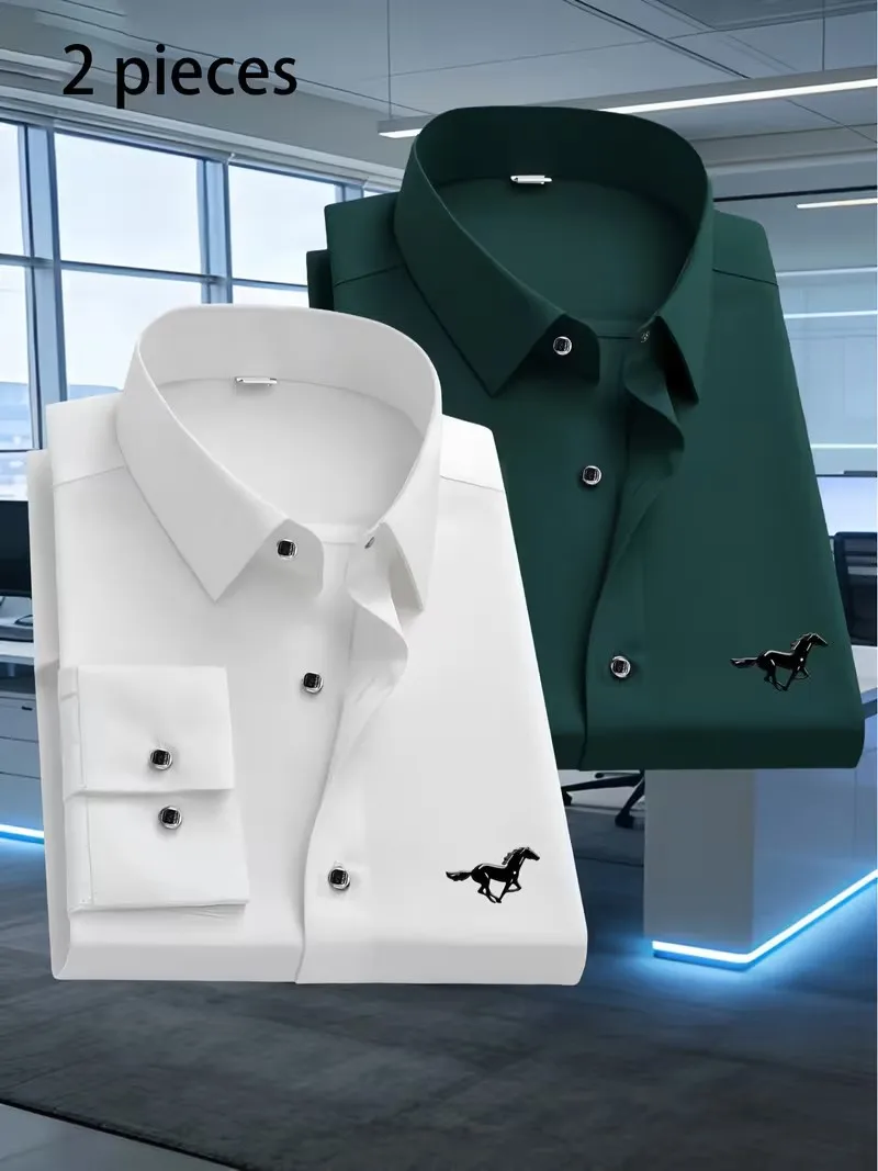 2pcs Men's Business Casual Long Sleeve Shirts with Black Horse Print Premium Business Casual Shirt Slim Fit Long Sleeve 5 Colors