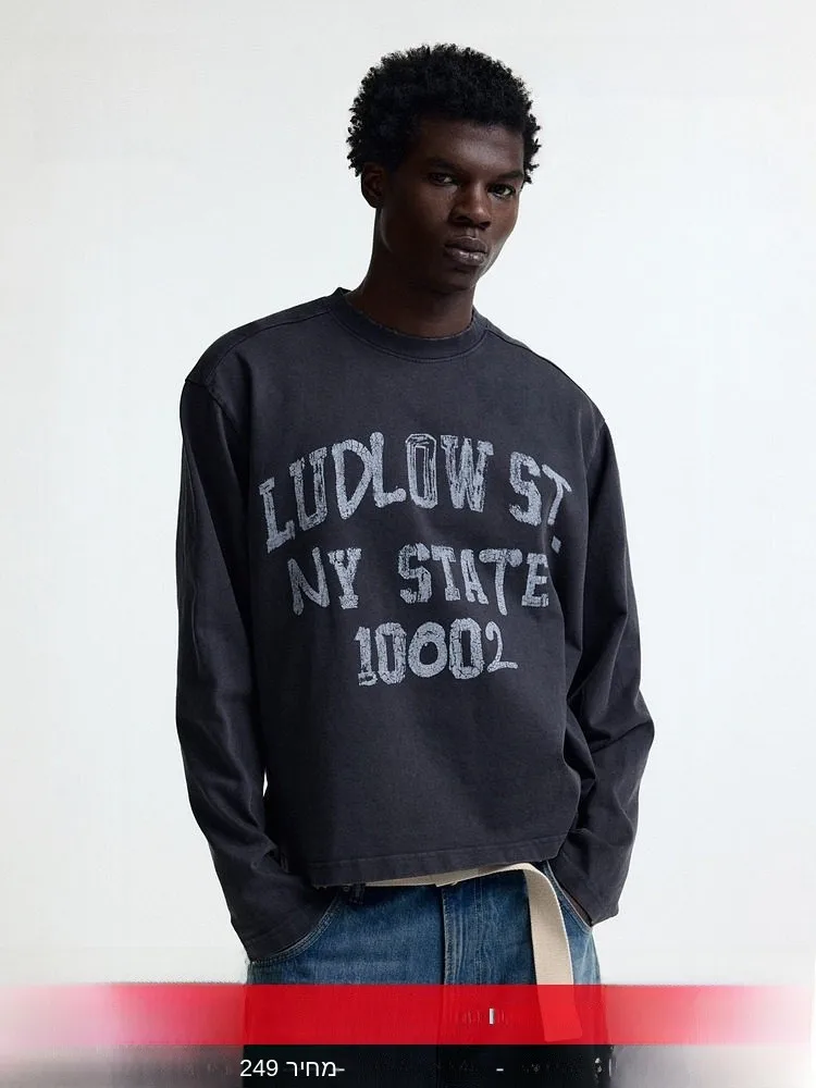 

Loose Fit American Style Men's T-shirt HM Casual Cotton Long Sleeve Printed Big Shape Sweat Cloth Heavyweight 1306614