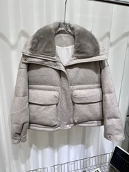 2024 Winter Women Wool Blends Coat Goose Down Jacket Real Natural Mink Fur Collar Thick Warm Luxury Female Coat Winter