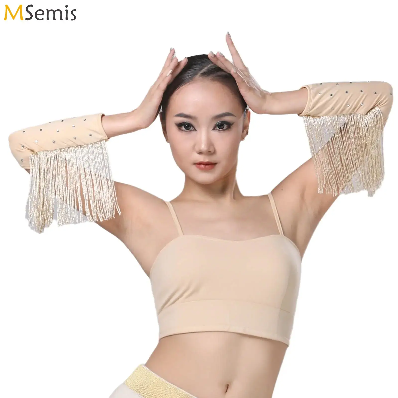 Fringed Sleeves Gloves Women Girls Dance Performance Stage Arm Sleeves Competition costume Accessory Flash Rhinestone Arm Sleeve