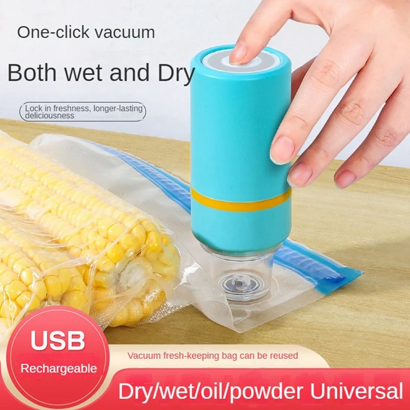 ポータブルUSB充電式ミニバッグシーラー,食品真空シーラー,持ち運びが簡単,青,10袋