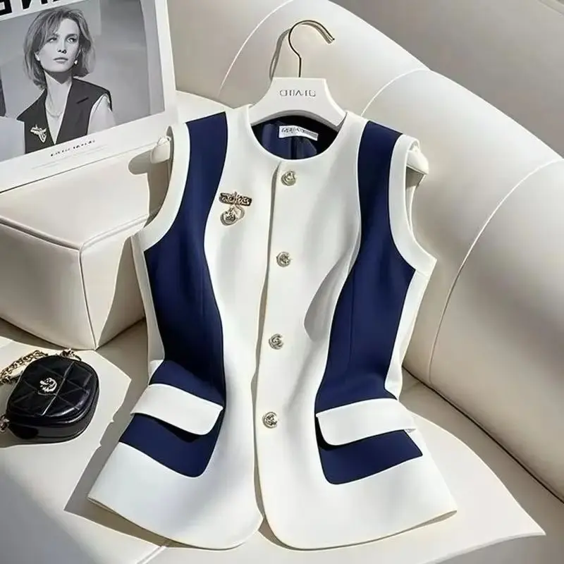 

Модный корейский контрастный жилет, женский жилет, новинка 2023 года, женский жилет, свободные весенне-осенние жилеты без рукавов, пальто, женские повседневные топы
