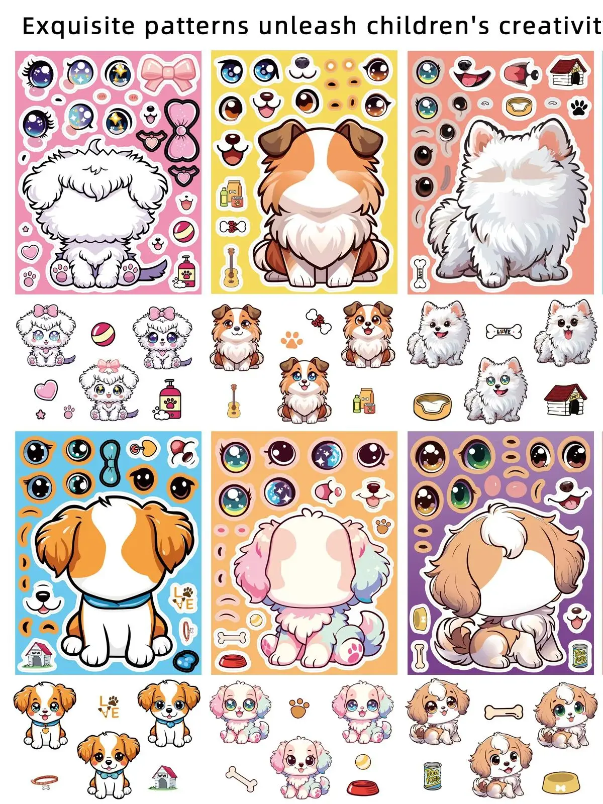 8/16 feuilles mignon chien animal de compagnie faire un visage dessin animé Puzzle autocollants cahier guitare tasse sac à main décoratif Puzzle autocollants pour les enfants