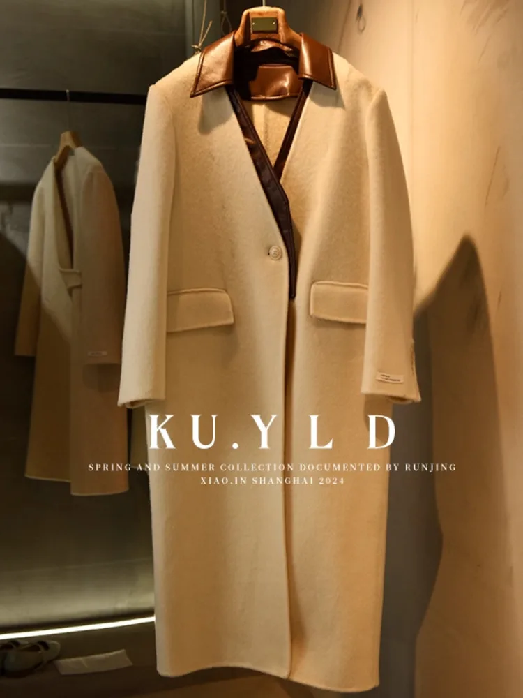 DFDG Abrigo de cuero de mezcla de lana de retales con bloques de Color de diseñador Otoño Invierno 2025 para mujer Abrigo hasta la rodilla con cuello con muescas vintage