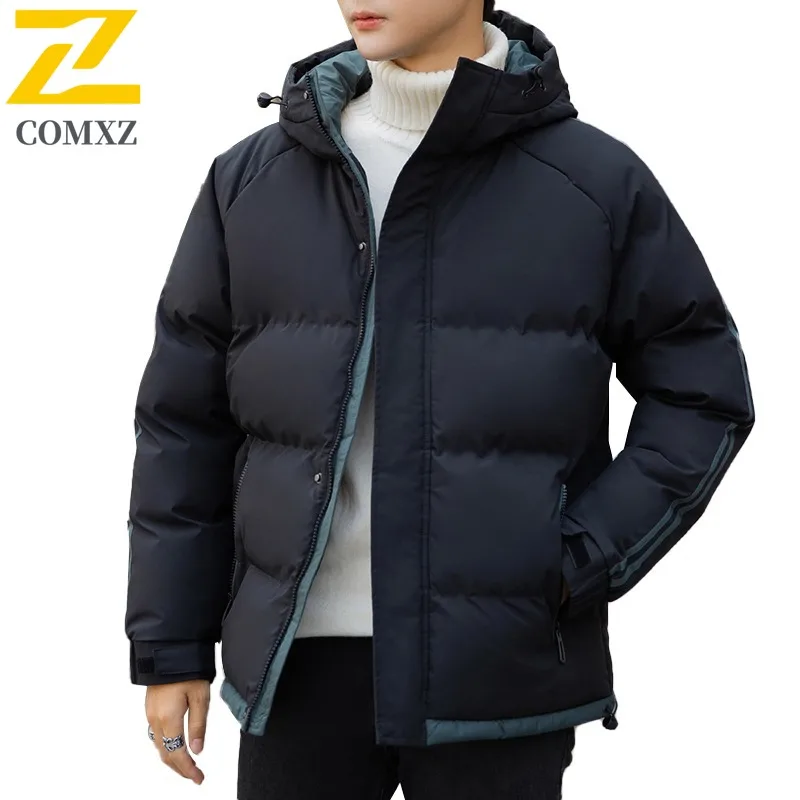 COMXZ 2025 Winter Fashion Stand Collar Cotton Jacket Hooded Winter Waterproof Windproof Outdoor Casual Warm Coat Men Streetwear