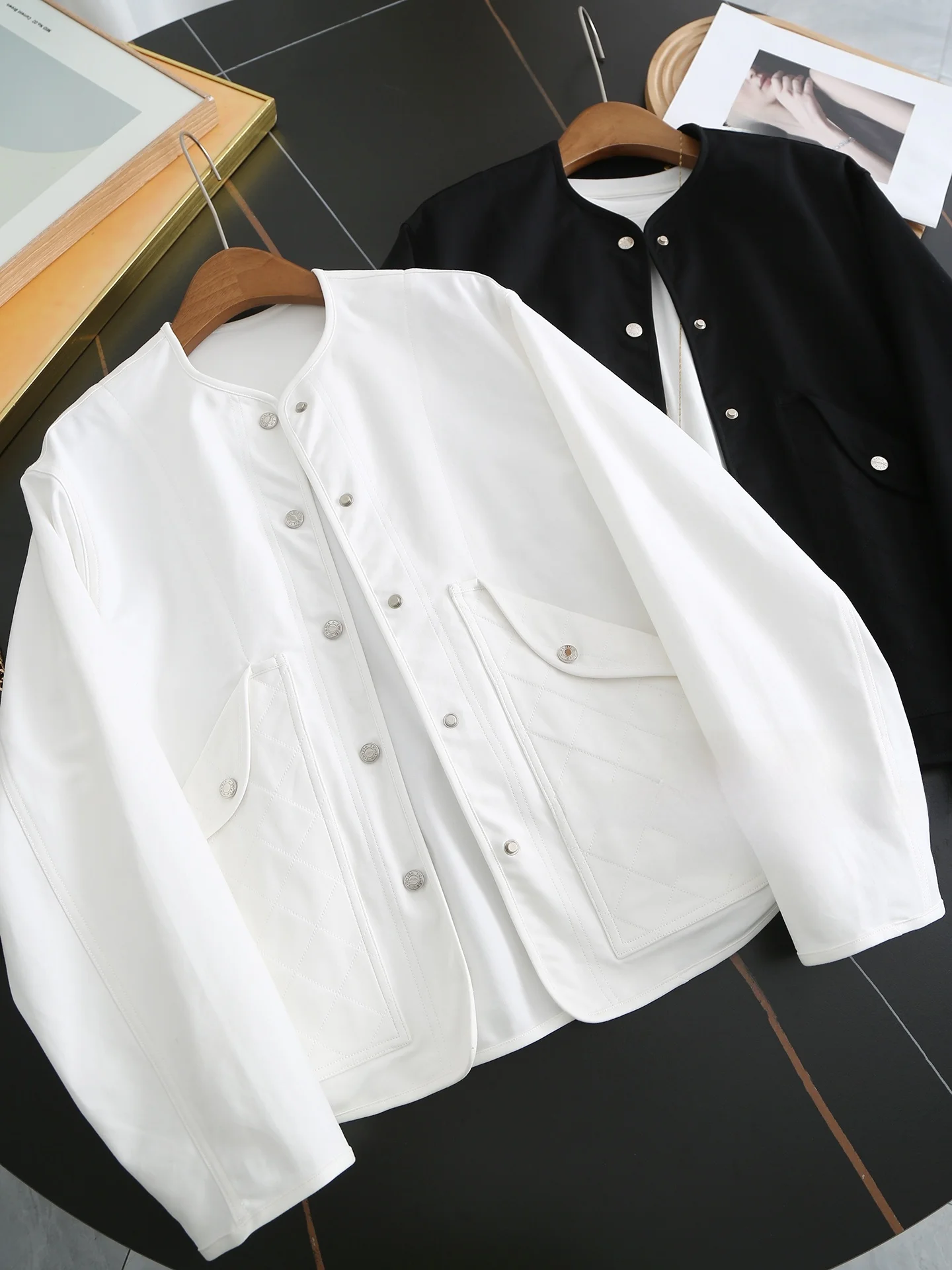 

Slimming Effect High Cotton round Ne Jaet Lattice Pattern Riding Sle Casual Loose Fit Women's Autumn Coat