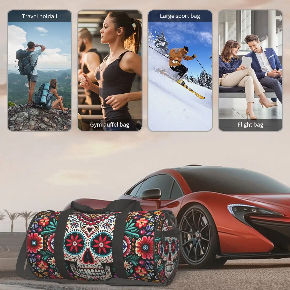 المكسيكي السكر الجماجم والزهور كبيرة واق من المطر حقيبة قاعة رياضة متعددة الوظائف واق من المطر حقائب السفر حقائب اللياقة البدنية #5