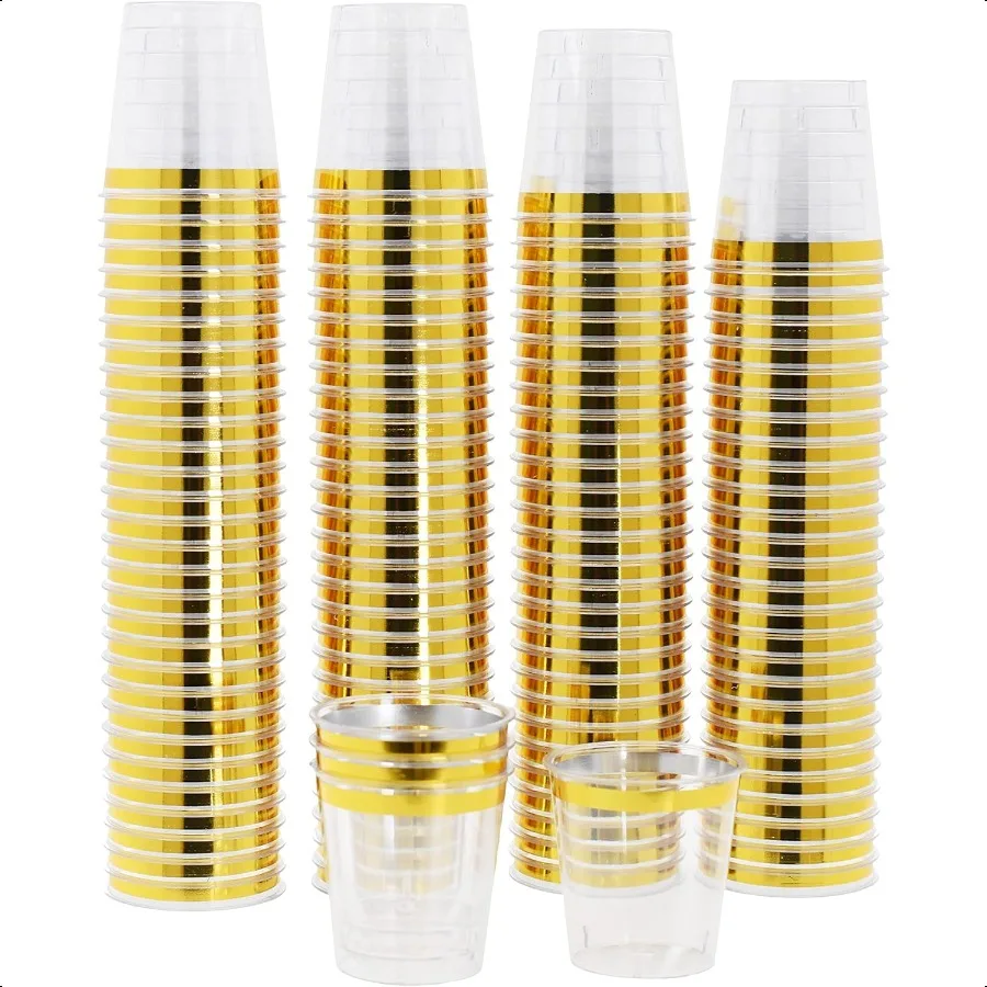 

1oz Mini Shot Glasses Plastic Shot Glasses Disposable Shot Glass Bulk 120 Clear Gold Hard Plastic Shots Cups for Party Sample C