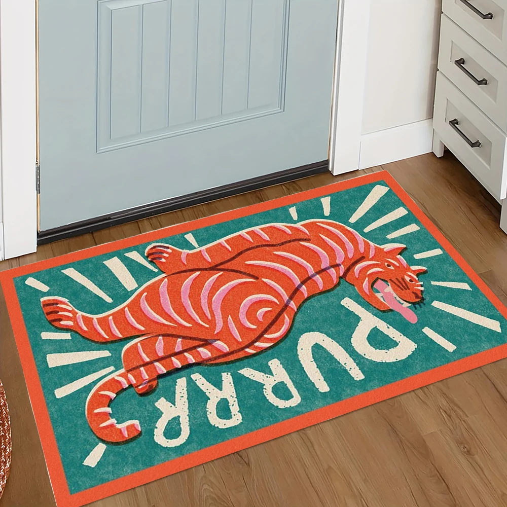 PURRR Retro Door Mat Tiger Welcome with Pattern Mat Rugs for Kitchen Bathroom Checkered Border bedroom Home Decoration Carpe