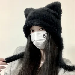 Cute Black Bear Ears Rabbit Fur Hat Plush Wrap Head Cap Cold Warm Fur Cap Girls Korean Hats Knitted Hat