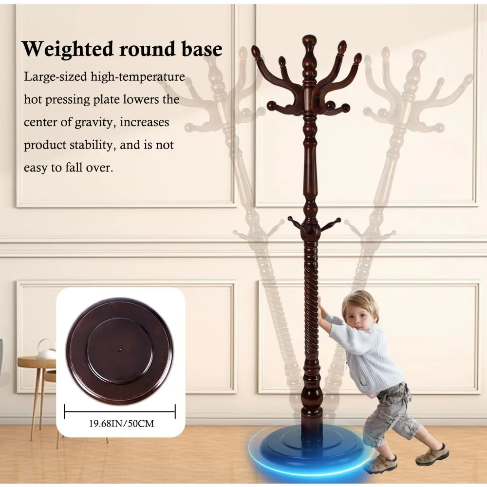 شجرة معطف من الخشب الصلب مع 11 خطافًا، رف متين قائم بذاته مع قاعدة مستديرة ثابتة، لمسة نهائية من خشب البتولا الطبيعي