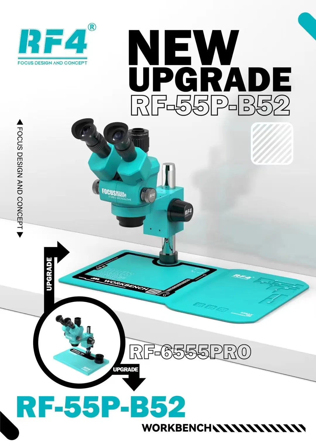 RF-6555PRO Dust-proof Design Microscope Continuous Zoom 6.5X-55X Knob 7 Gear Zoom  Trinocular Microscope