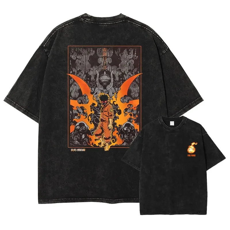 Bandai Anime F-Fire F-Force T Shirt Vintage Washed Shinra T-shirts Retro Streetwear Benimaru Tops Man Cotton Tee Streetwear