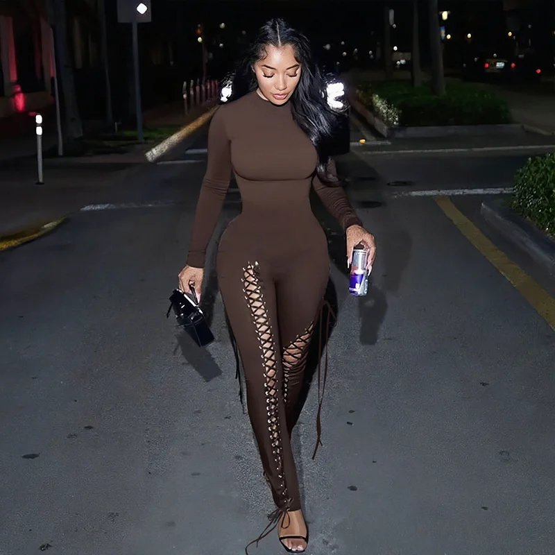 Doyerl طويلة الأكمام Bodycon ثوب فضفاض للنساء بذلة ملابس للنادي حفلة نحيل الدانتيل متابعة الرباط ضمادة قطعة واحدة وزرة فام