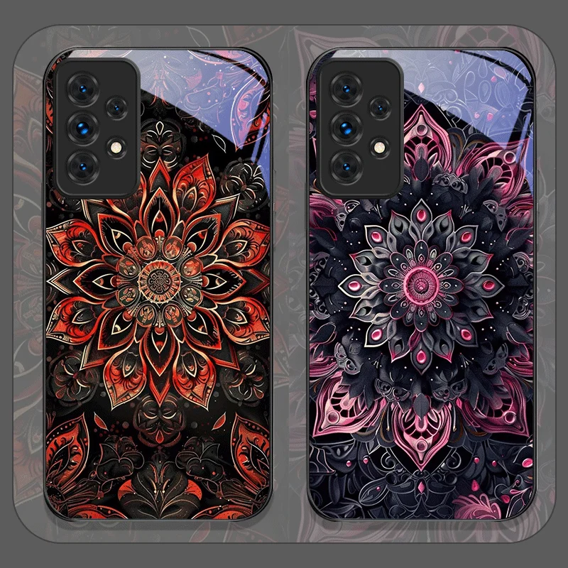 Vintage Mandala Lotusblumenmuster gehärtetes Glas Handyhülle für Samsung Galaxy A56 A72 A55 A54 A53 A52 A36 A15 A14 A13 Cover