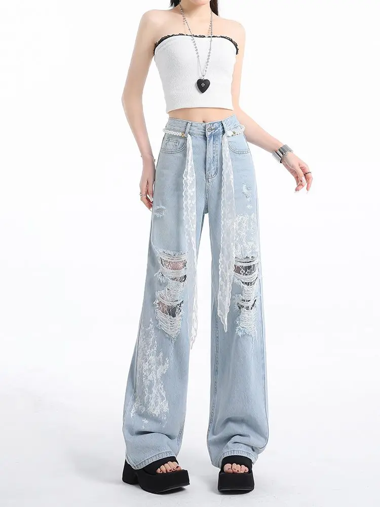 

Светло-голубые джинсы с широкими штанинами и кружевом, женские, без пояса, летние, новый дизайн, свободные брюки, повседневные, с высокой талией, длинные, из денима