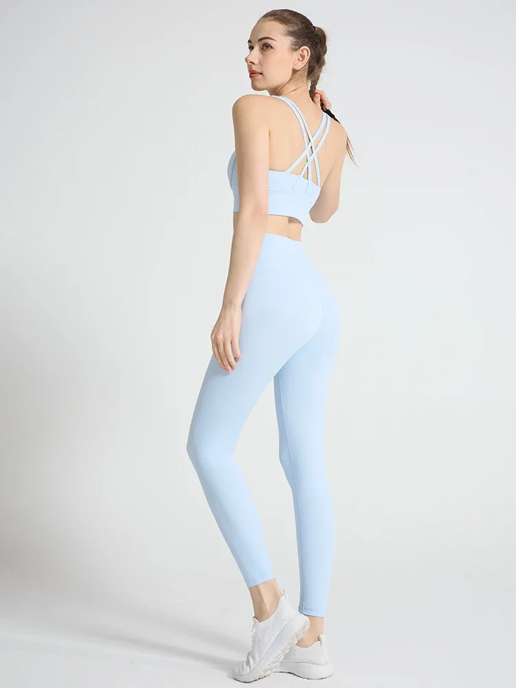 2 Piece Women Yoga Set Sleeveless Sexy Cross Back Sports Bra High Elasticity Buttock Lift Leggings Comfortable Sportswear Suit