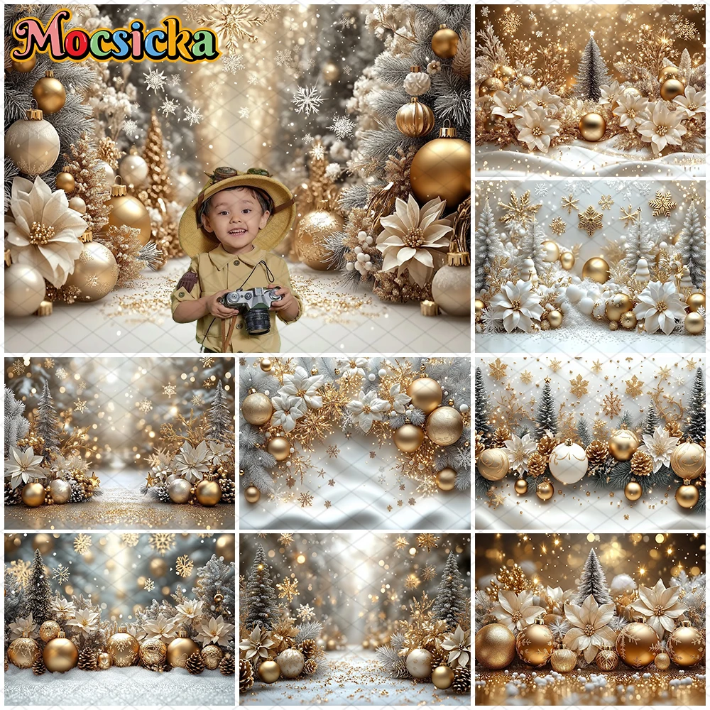 

Mocsicka Christmas Photography Background Winter Snowflake Xmas Tree Golden Flower Ball Decoration New Year Party Photo Backdrop